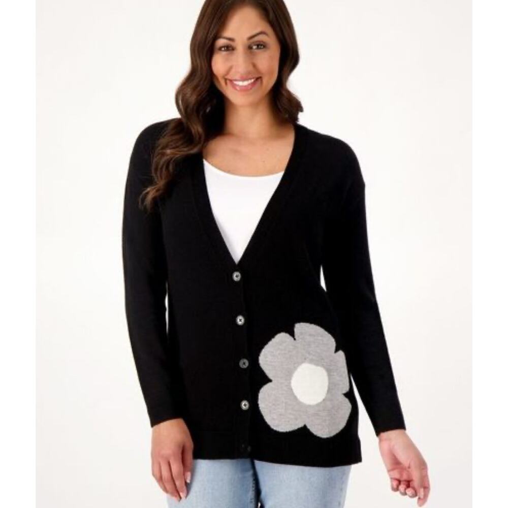 Laurie Felt Women's Top Sz Small Cashmere Blend Daisy Cardigan Black‎ A209573